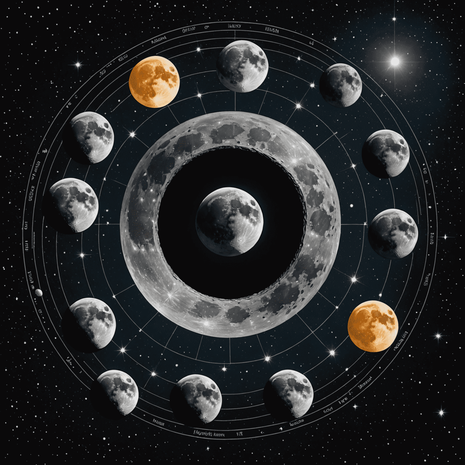 Diagram pokazujący wszystkie fazy księżyca, od nowiu do pełni, na tle rozgwieżdżonego nieba